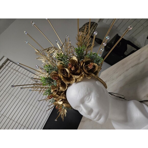 Golden Flowers Halo Crown, Floral Headpiece, Handmade, NEW - Picture 3 of 13